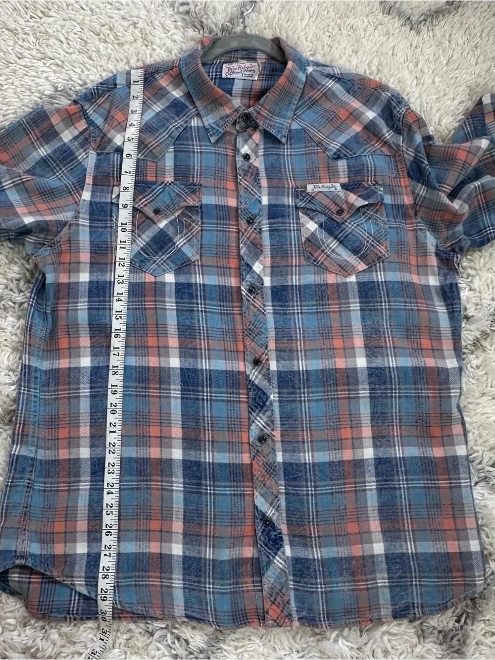 True Religion Blue and Peach Plaid Button-Down Shirt